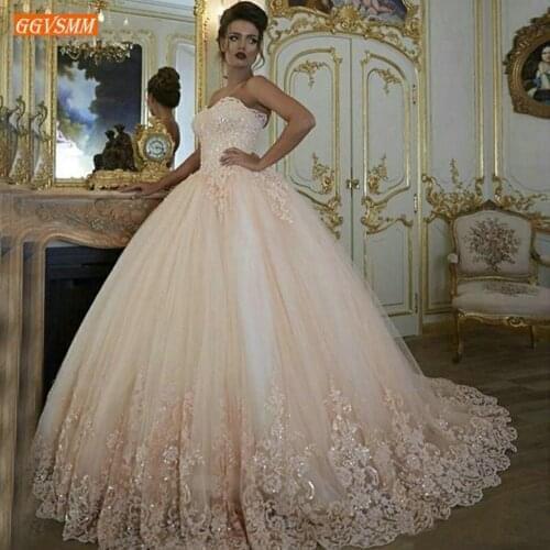 Luscious Champagne Boho Wedding Dresses Sweetheart Lace Appliqued Tulle Ball Gown Bride Dress Customized Princess Wedding Gowns