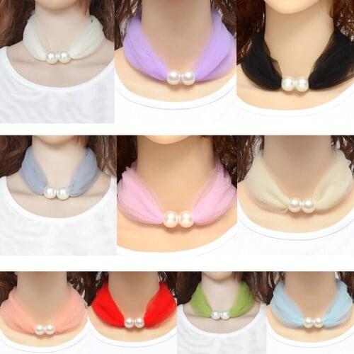 Thin Mesh Lace Pearls Ring Scarf Pure Color Necklace Women Scarf Ladies Mothers Day Gifts