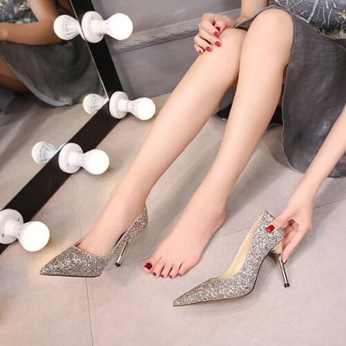 Size 34-41 Sexy Asakuchi High Heels Champagne Kitten Stiletto Heels Sliver Wedding Shoes Ladies Shoes Spring and Autumn 2021