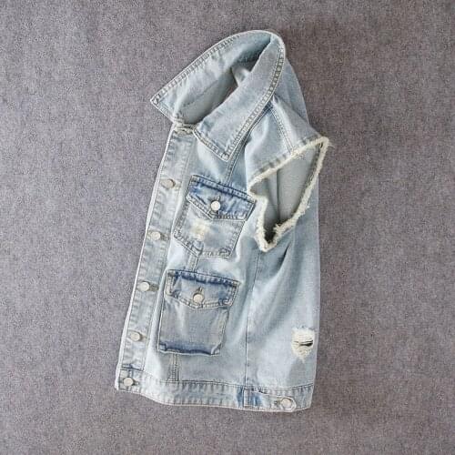 Vintage Washed Light Blue Mens Cargo Vest Cowboy Denim Waistcoat Hole Tassel Pocket Sleeveless Jacket Safari Style Jean Vests