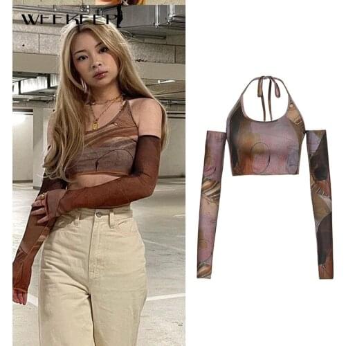 Weekeep Vintage Print Off Shoulder T-Shirt Women Backless Tie Up Halter Crop Tops Summer Harajuku Aesthetic Streetwear Club Sexy