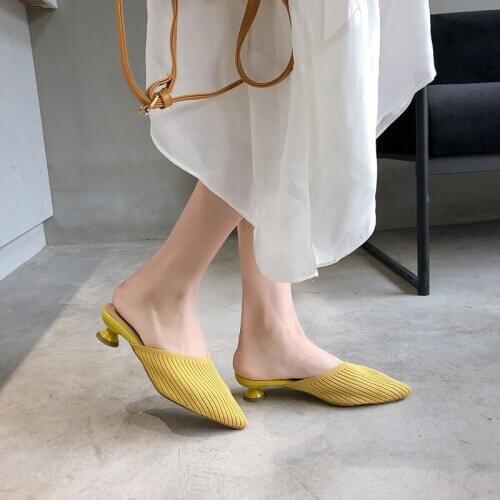 YMECHIC Stretch Knitting Striped Closed Toe Mules Summer 2019 Fashion Yellow Black Chunky Medium Heel Pumps Heels Women Shoes