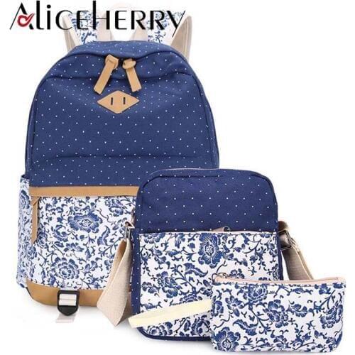 Women Canvas Printing Dot Backpack for Teenage Girls Cute Laptop College Bookbags 3 PCS / Set