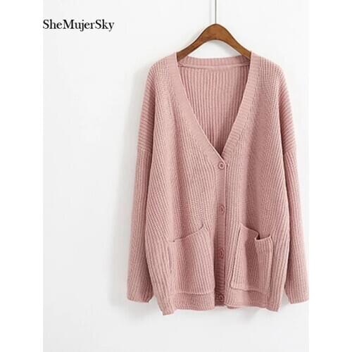SheMujerSky Women Single Breasted Pink Sweaters With Pockets 2020 Winter V-neck Cardigans Knitted Sweater
