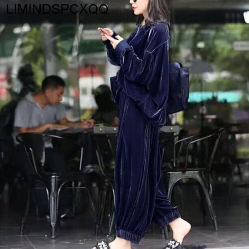 2021 Two Piece Sets Female Spring Autumn Plus Size Gold Velvet Suit Womens Fashion Loose Casual Sports Wide Leg Pants Ropa Mujer