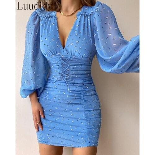 Women Floral Print V-Neck Shirring Detail Lantern Sleeve Drawstring Ruched Bodycon Dress