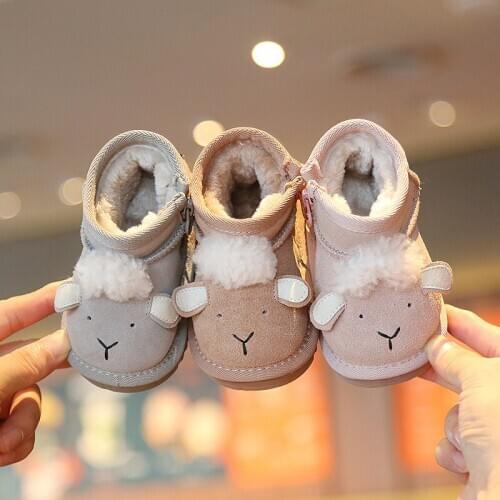 Winter Baby Boys Girls Snow Boots 1-2-3 Years Old Toddler Cotton-padded Shoes Cute Cartoon Sheep Genuine Leather