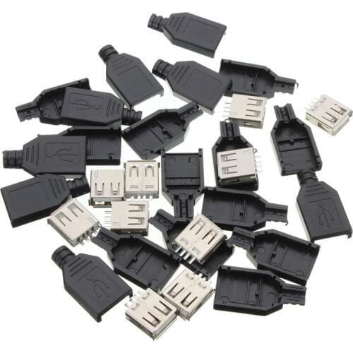 10Pcs Type A Female USB 4 Pin Plug Socket Jack Connector Plug Socket with Black Plastic Cover Seat Welding Wire Adapeter
