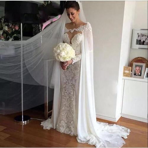 2018 New White/ivory Chiffon Wedding Jacket Wraps Cloaks Bridal Lace Long Capes EE9901