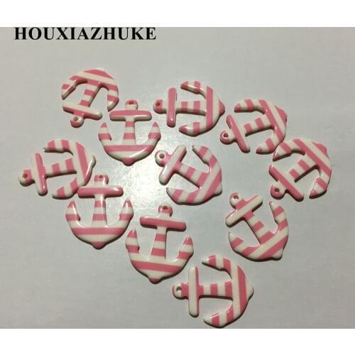 28*33 mm resin small pink color anchor striped beads for garment necklaces making 50 pcs per lot free shipping