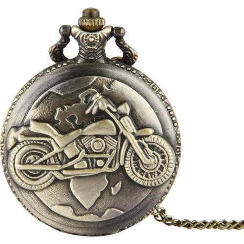 Bronze Motorcycle Vintage Retro Bronze Chain Clock Motorbike MOTO Quartz Pocket Watch Pendant Chain Necklace Watches