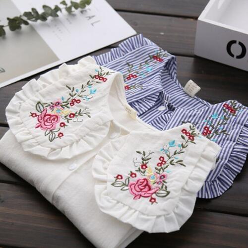 DFXD Girl Blouse 2017 Spring Autumn Long Sleeve Flower Embroidery Big Turn Down Collar Kids Girl Shirts White/Striped Blouse