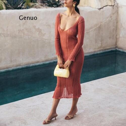 Elegant See Through Knitted Midi Dress for Women Party Club Fashion Long Sleeve Button Up Sexy Dresses Outfits