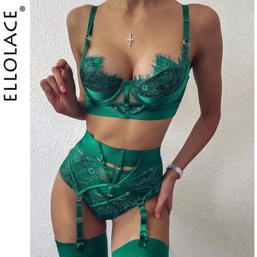 Ellolace Lingerie Sexy Bra Womens Underwear Set Lace Bandage Lingerie Set Sexy Push up Lenceria 3 Piece Set Erotic Lingerie