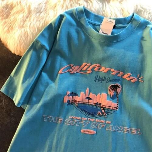 California Letters Printed Graphic T Shirts Y2k Aesthetic Vintage Blue Cotton Short Sleeve Tops Summer Plus Size Korean Fashion