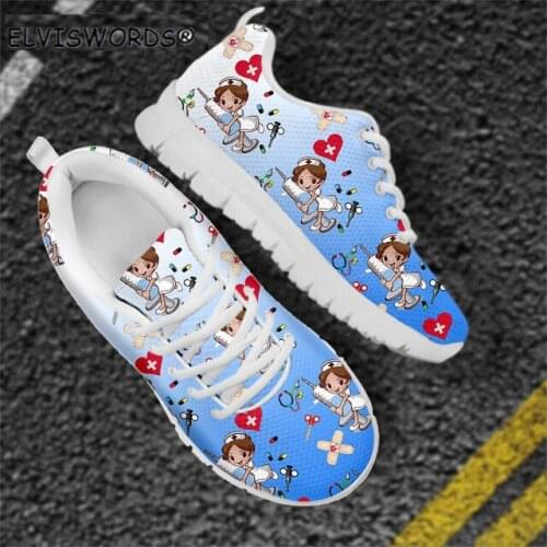 ELVISWORDS Gradient Nurse Girl Pattern Leisure Lace Up Flat-Shoes for Ladies Breathable Womens Air Mesh Sneakers Sports Shoes