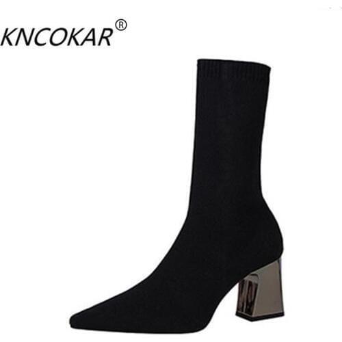 KNCOKAR Fashionable and simple female boots with thick heels and high heels are slim and sexy nightclubs' stretch short boots