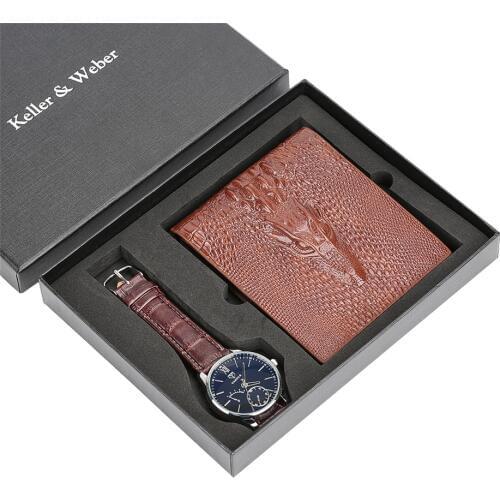 Business Male Genuine Leather Wristwatch Crocodile Pattern Purse Card Holder Wallet Boy Friends Creative Christmas Gift Sets