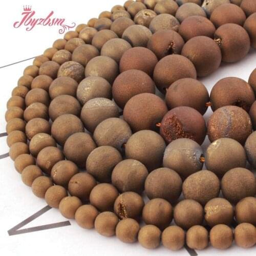 Natural Brown Metallic Coated Druzy Agates Round Loose Spacer Beads 6/8/10/12MM Stone Beads For DIY Necklace Jewelry Making 15"