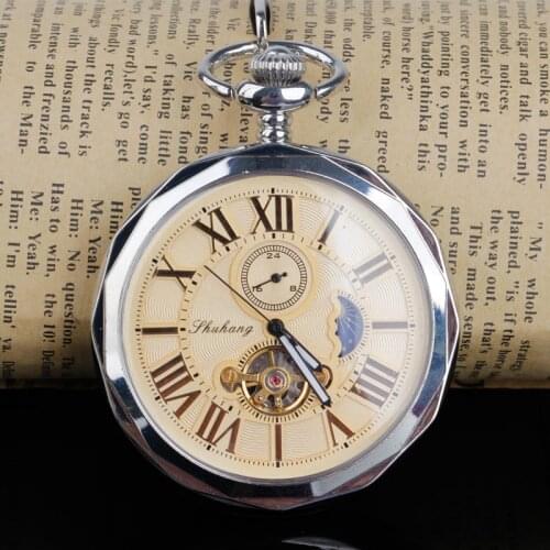 5pcs New Arrvial Open Face Hand-winding Tourbillon Mechanical Pocket Watch Roman Number Moon Phase Fob Watch Gift