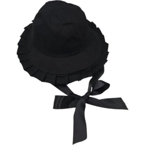 Women Girls Summer Sweet Ruffles Wide Brim Bucket Hat with Satin Long Ribbon Chin Strap Japanese Lolita Bowknot Sunscreen