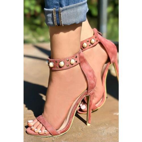 Drop Shipping Summer Sexy Women Pink Black Sheepskin Open Toe Pearls Zip Back Thin Heels Party Sandals Hot Big Size Dress Shoes