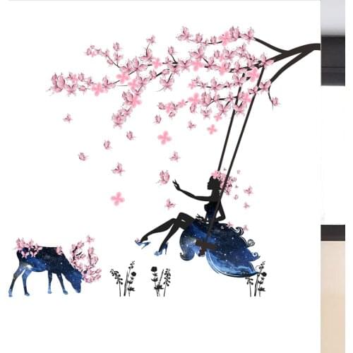 Cartoon Romantic Flower Swing Girls Butterfly Deer Wall Stickers For Kids Rooms Decals Home Decor Living Room Mural Wallpaper