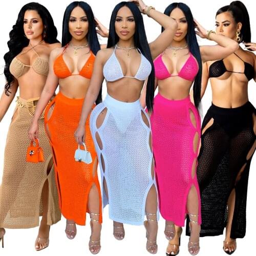 Sexy Knitted Hollow Out Bikinis Two Piece Skirt Set For Women Fishnet Halter Bra Split Long Skirt Transparent Beach Outfit 2021