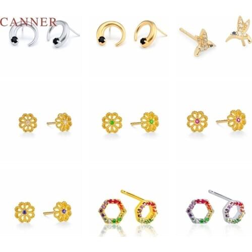 CANNER 925 Sterling Silver Earrings For Women Colored Flower Moon Crescent Piercing Stud Earrings Pendientes Plata 925 Jewelry