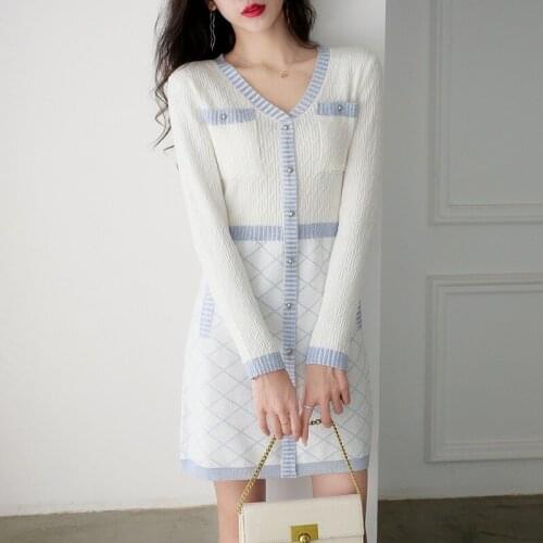 French Style Knitted Sweater Dress Women Elegant Fashion V-neck Slim Dress Autumn Winter New Beautiful Single Breasted Clothing
