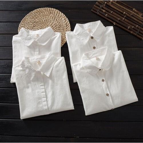 Japanese Style Cotton 100% Women Shirts Summer New 2021 Solid White Elegant Office Lady Work Blouse Outwear Tops