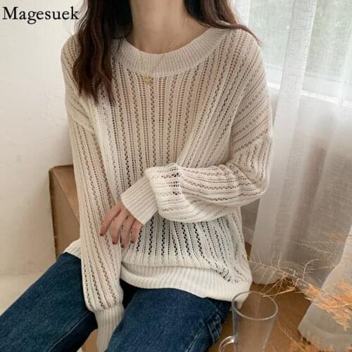 Hollow Out O Neck Knitted Blouse Women Korean Autumn Retro Sunscreen Sweater Long Sleeve Women White Thin Loose Lady Tops 15723