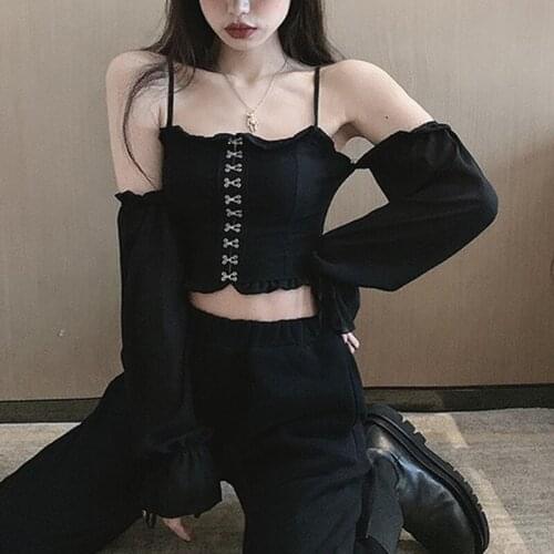Sexy Womens Shirt Tops Street Style Backless Long Sleeve Blouse Women New Slash Neck Solid Casual Blouses Gothic Clothes 13316