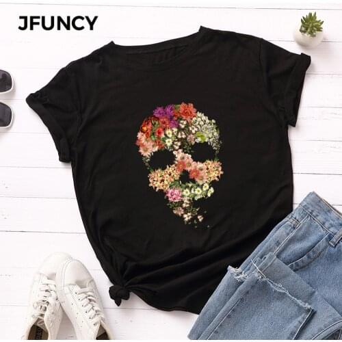 JFUNCY Colorful Flowers Skull Print Women T Shirt Punk T-Shirt Cute Girl Tops Hip Hop Casual White Tee Shirt Plus Size T-shirt