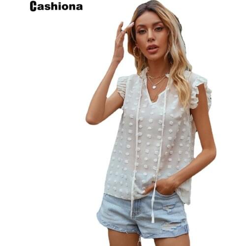 Cashiona Women New Summer Dot Print Shirt Bandage V-neck Top Ruffled Sleeve Elegant Chiffon Blouse Femme blusas shirt ropa mujer