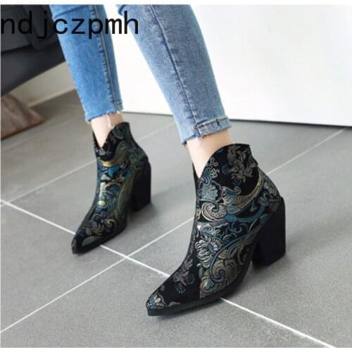 Womens Boots New Autumn And Winter Color matching fashion zipper High heel Ankle boots Womens shoes plus size 33-46 7.5cm high