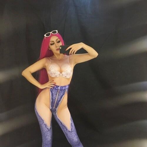 Womens Fashion Sexy Denim Printed Jumpsuit Skinny Leggings Bodysuit Stage Lace Jeans Printed Nude Rompers Big Stretch Dress