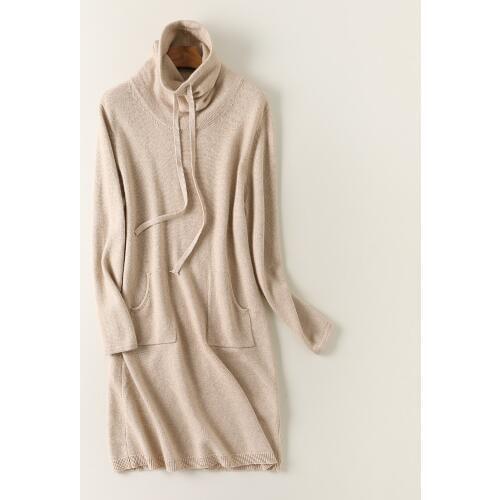 100% goat cashmere thick knit women fashion drawstring high collar pullover sweater dress pockets S/M/L
