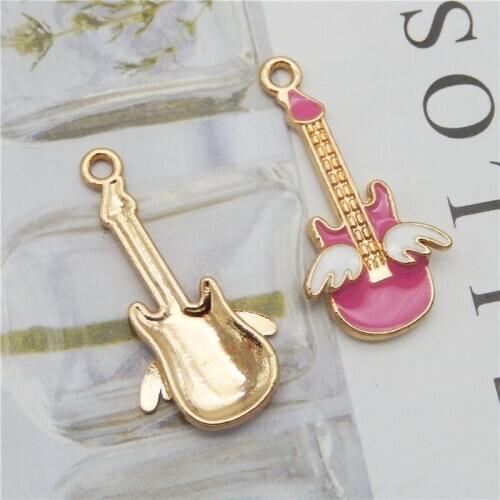Julie Wang 10PCS Gold Base Enamel Pink Guitar With White Wing Alloy Pendant DIY Charm Necklace Findings Jewelry Making Accessory