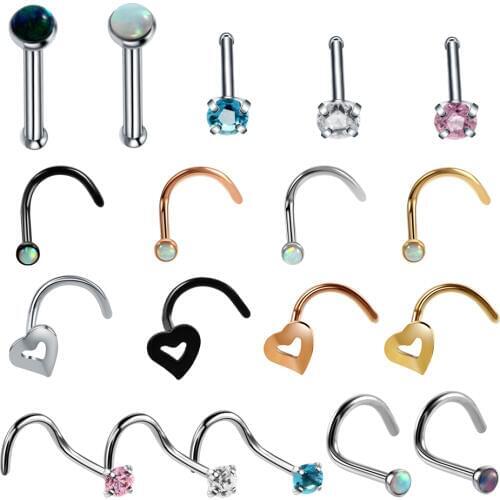 1PC Steel Nose Rings Nostril Earrings Piercings Opal Nose Pin Nazir Screw Piercings Prong Gem Nose Stud Rings Body Jewelry 20G