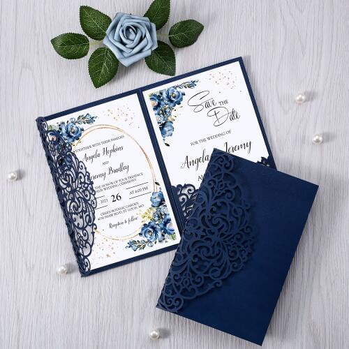 100pcs Blue Glitter Invitation Pockets Shining Laser Cut Hollow Rose Wedding Invitations Cards with Envelopes