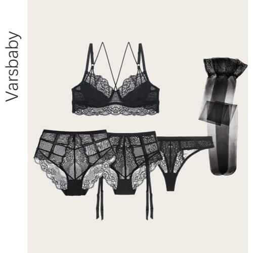 Varsbaby sexy beauty back Y-lined deep V unlined lace 3/4 cup bra set bra+high-waist panties+ thong+stockings 5 pcs