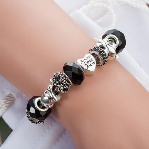 ANNAPAER Elephant Charm Bracelet Women Jewelry Black Crystal Beads Bracelets & Bangles for Mothers Day Gift B16120