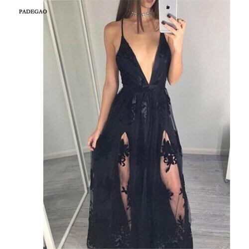 Black Evening Dress A-Line Long Deep V-Neck Sleeveless Appliques Side Split Evening Dresses Custom Made Vestido de noche