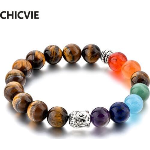 CHICVIE Handmade Buddha Head Tiger Eye Bracelet & Bangles Charms For Women Chakra Jewelry Beads Retro Bracelet Femme SBR190030