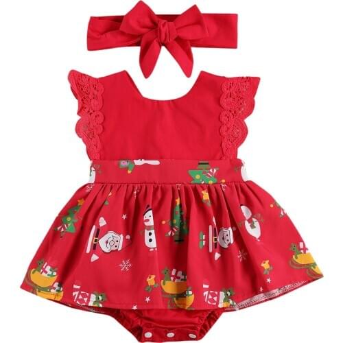 Children Two Piece Set Kid Summer Christmas Romper Skirt Toddler Lace Shoulder Dress Hair Band for Baby Girls
