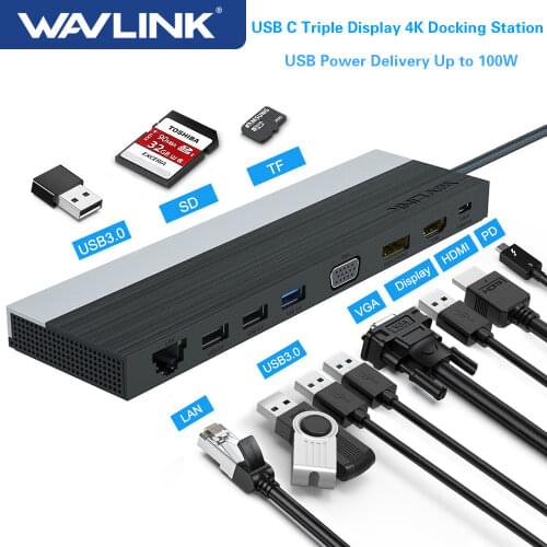 Wavlink USB C Triple Display Docking Station 4K USB Power Delivery up 100W with USB3.0 DP/HDMI Compatible/VGA for Windows/Mac OS