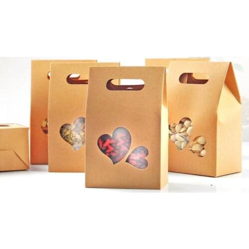 Doypack Paper Handle Bag With Heart Shape Clear Window 10*15.5*6cm Dried Lemon Tea Nut Candy Stand Up Kraft Paper Box
