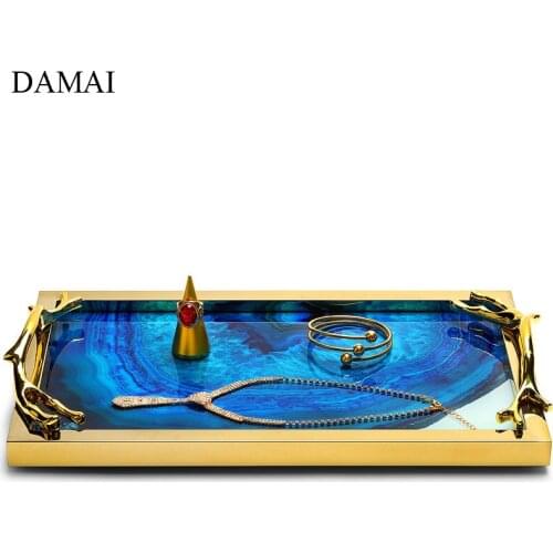 European Modern Ceramic Trays Decorative Plating Gold Blue Agate Texture Jewelry Cosmetic Display Storage Tray Home Decoration