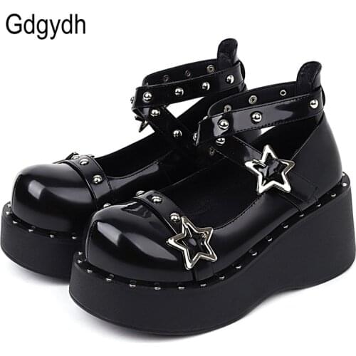 Gdgydh 2021 Autumn News Women Single Shoes Gothic Rivets Rhinestone Cosplay Female Pumps Black Lolita Mary Janes Wedges Shoes